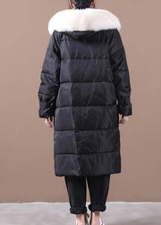 Casual Loose fitting snow jackets pockets overcoat black hooded fur collar warm winter coat - bagstylebliss