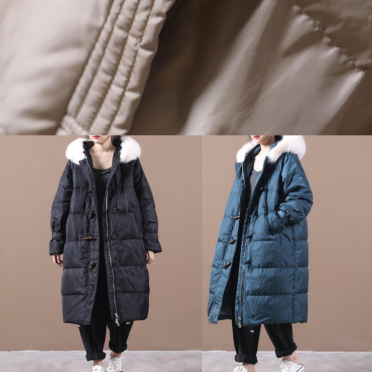 Casual Loose fitting snow jackets pockets overcoat black hooded fur collar warm winter coat - bagstylebliss