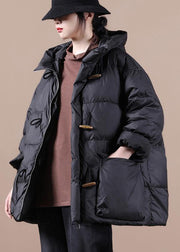 Casual Loose Fitting Womens Parka Overcoat Black Hooded Pockets Cotton Coat - bagstylebliss