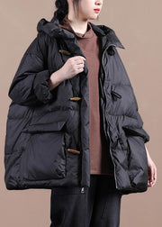 Casual Loose Fitting Womens Parka Overcoat Black Hooded Pockets Cotton Coat - bagstylebliss