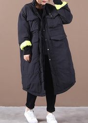 Casual Loose fitting womens parka pockets black stand collar asymmetric warm coat - bagstylebliss