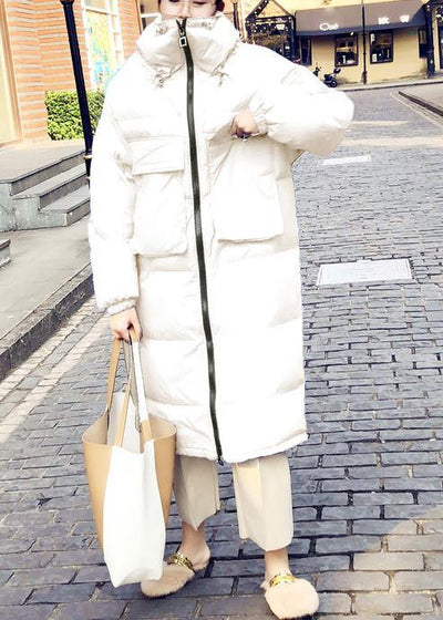 Casual Loose fitting womens parka winter outwear white stand collar Cinched duck down coat - bagstylebliss