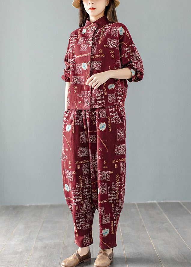 Casual Mulberry Stand Collar Print Coats And Harem Pants Two Pieces Set Long Sleeve