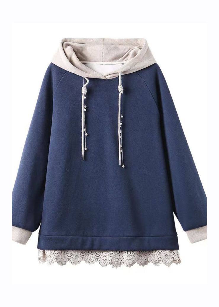 Casual Navy Blue Drawstring Lace Patchwork Fleece Hoodie Sweatshirt Fall