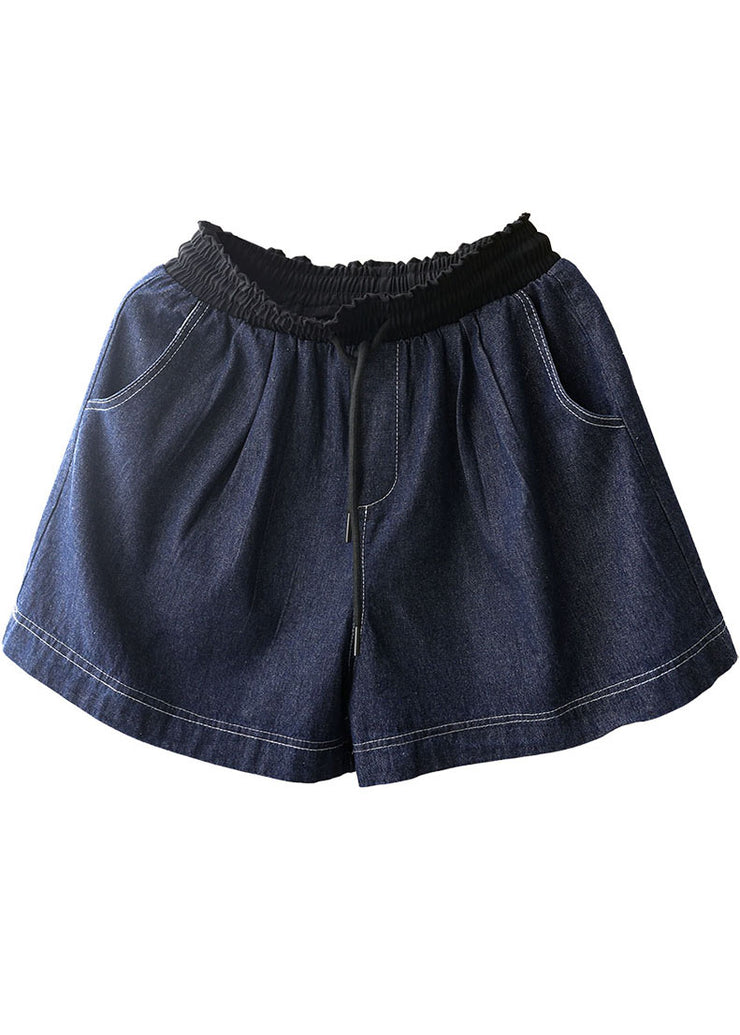 Lässige marineblaue elastische Taillentaschen mit Kordelzug Patchwork-Leinen-Denim-Shorts Sommer