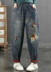 Casual Navy Embroidered Patchwork Denim Pants Spring