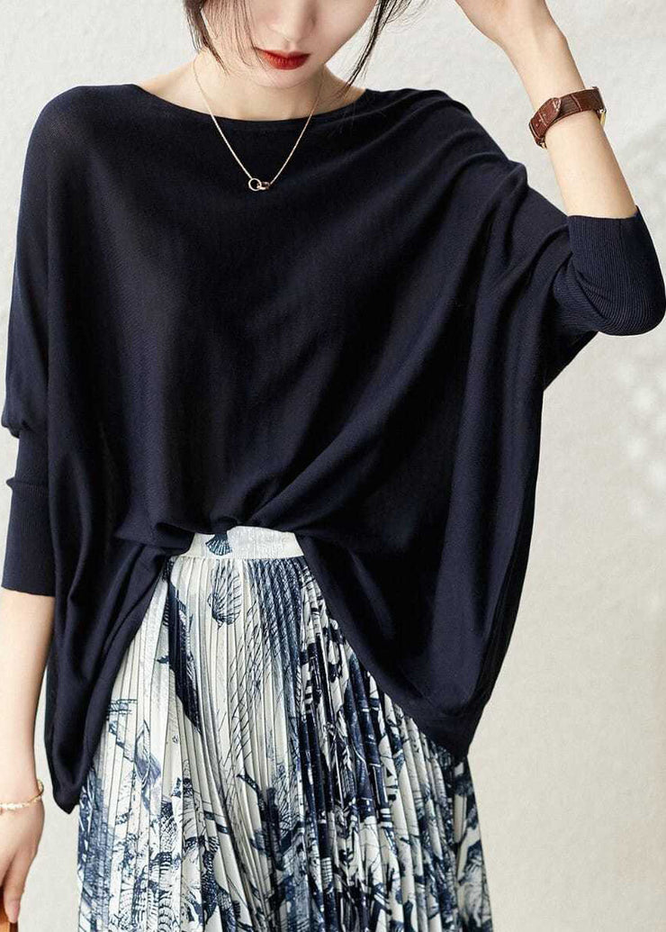 Casual Navy O-Neck Oversized Knit Top Batwing Sleeve