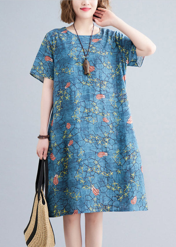 Casual Number One Flower O-Neck Print Pockets Dress Short Sleeve