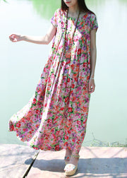 Casual O-Neck wrinkled print Long Dress Short Sleeve