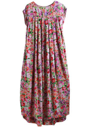 Casual O-Neck wrinkled print Long Dress Short Sleeve