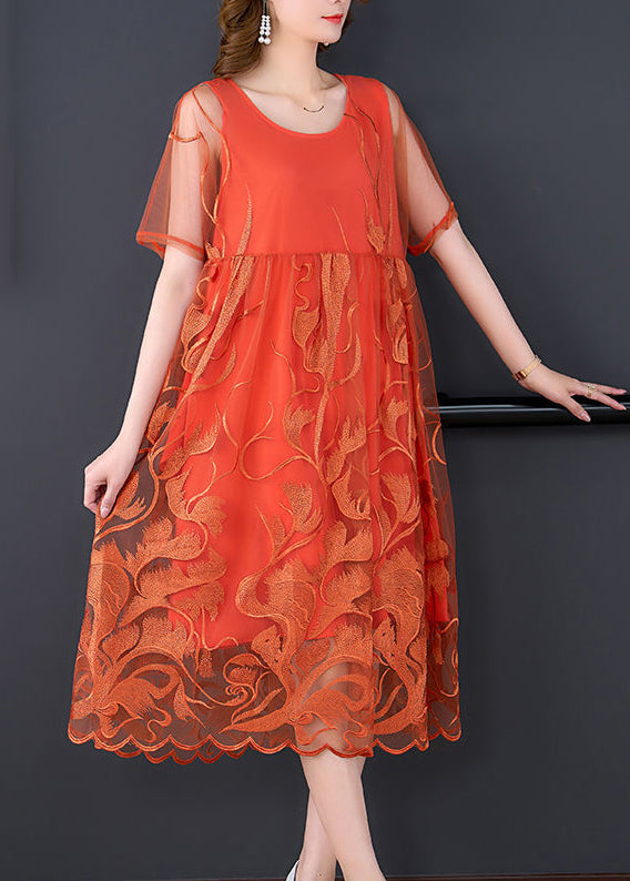 Casual Orange Embroidered Patchwork Tulle Long Dress Summer