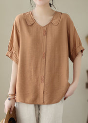 Casual Orange Peter Pan Collar Patchwork Cotton Shirt Tops Summer