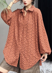 Casual Orange Peter Pan Collar Print Side Open Shirts Long Sleeve