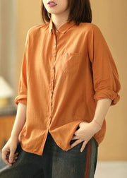 Casual Orange PeterPan Collar Button Pockets Fall Long Sleeve Blouse Top - bagstylebliss