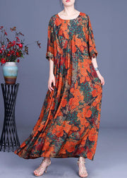 Casual Orange Print O-Neck Asymmetrical Design Summer Silk Cute Long Dresses - bagstylebliss