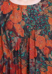 Casual Orange Print O-Neck Asymmetrical Design Summer Silk Cute Long Dresses - bagstylebliss
