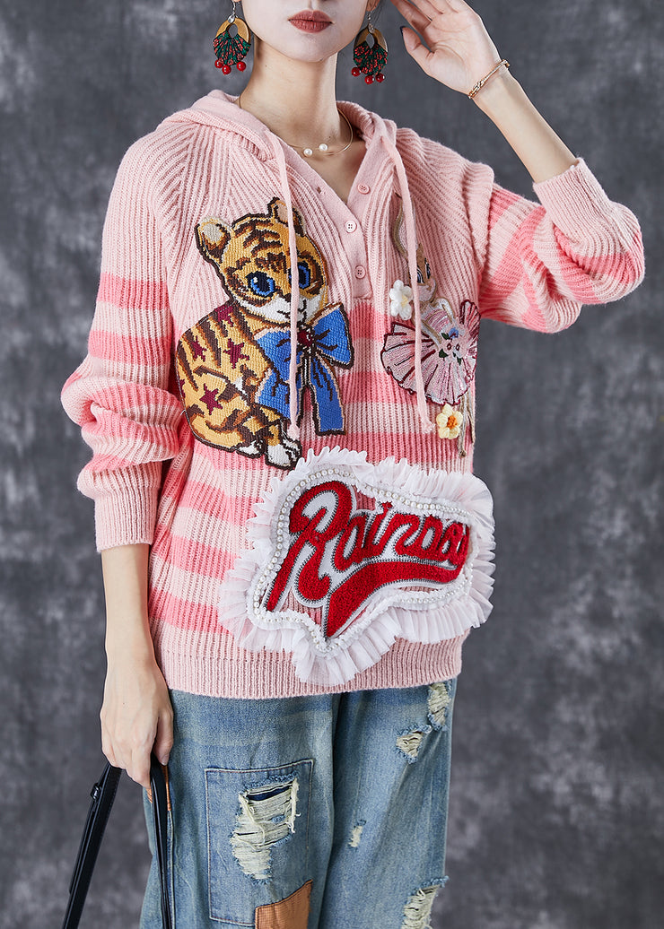 Casual Pink Animal Embroidered Patchwork Knit Pullover Tops Fall