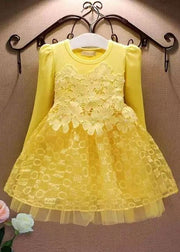 Casual Pink Hollow Out Floral Tulle Patchwork Girls Mid Dress Fall