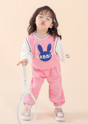 Casual Pink O Neck Print Patchwork Cotton Kids Two Piece Set Fall