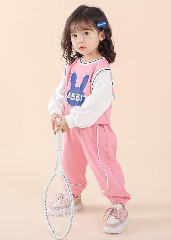 Casual Pink O Neck Print Patchwork Cotton Kids Two Piece Set Fall