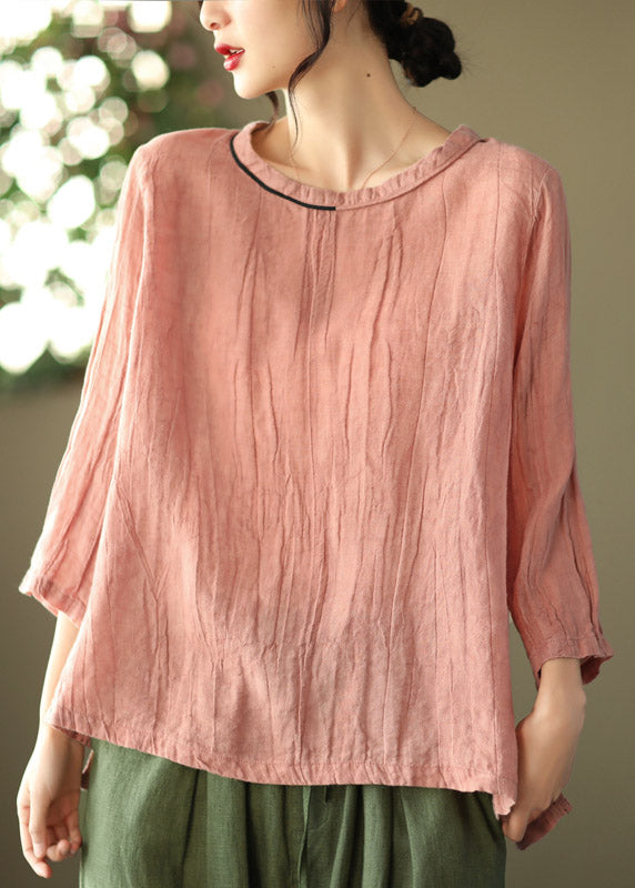 Casual Pink O-Neck Wrinkled side open Top Three Quarter sleeve