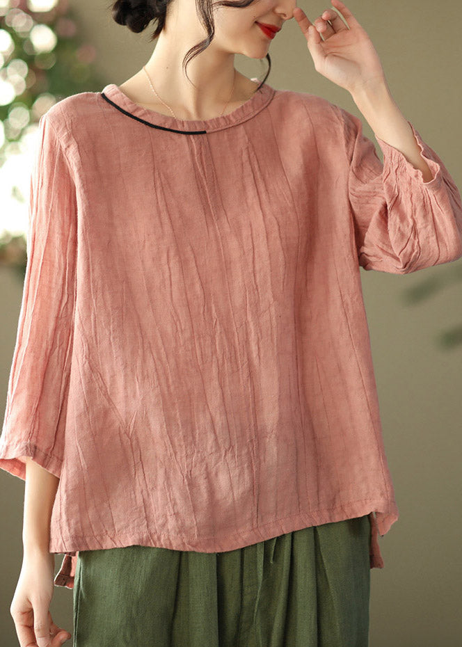 Casual Pink O-Neck Wrinkled side open Top Three Quarter sleeve