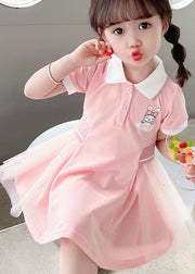 Casual Pink Peter Pan Collar Tulle Patchwork Cotton Kids Girls Dress Summer