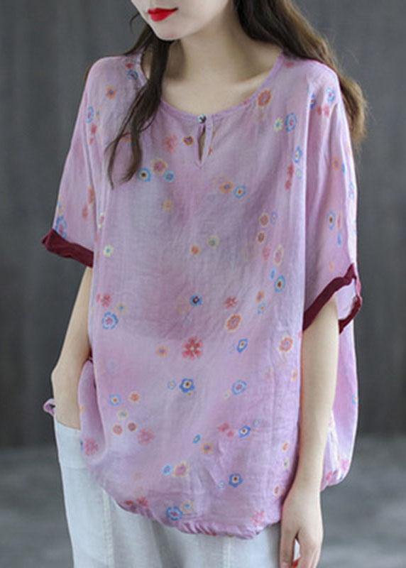 Casual Pink Print Patchwork Summer Linen Shirt Half Sleeve - bagstylebliss