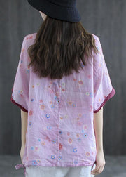 Casual Pink Print Patchwork Summer Linen Shirt Half Sleeve - bagstylebliss