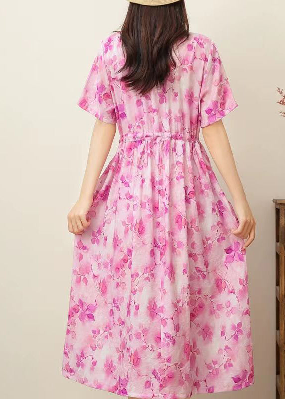 Casual Pink Print Ruffled Patchwork Drawstring Silk Linen Long Dress Short Sleeve