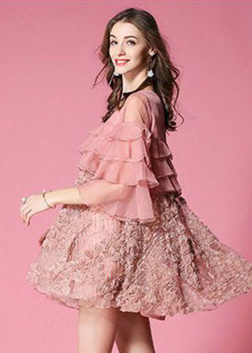 Casual Pink Ruffles Patchwork Applique Tulle Dress Half Sleeve