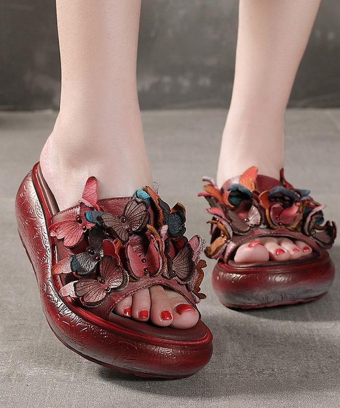 Casual Platform Red Cowhide Leather Peep Toe Slide Sandals - bagstylebliss