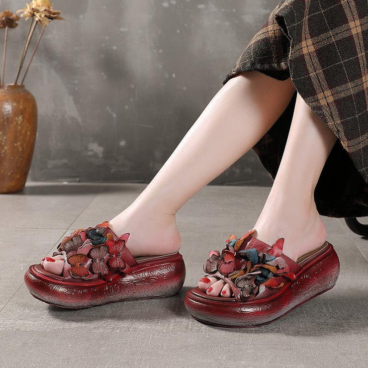 Casual Platform Red Cowhide Leather Peep Toe Slide Sandals - bagstylebliss