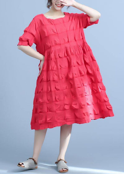 Casual Pleated Loose Unique cotton outfit red Short Sleeve Summer Dress - bagstylebliss