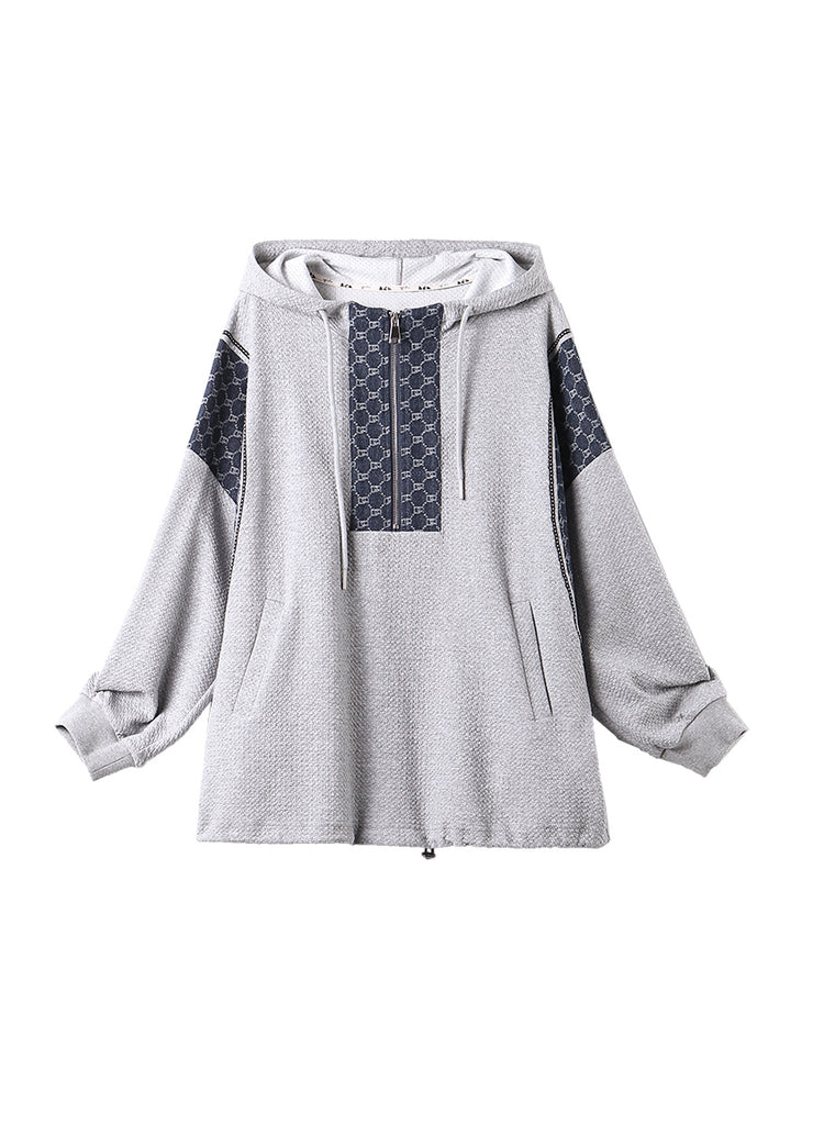 Casual Plus Size Grey Zip Up Hooded Patchwork Cotton Top Fall