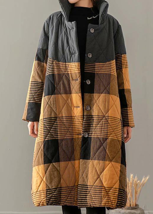 Casual Plus Size Winter Overcoat Yellow Plaid Stand Collar Button Down coats - bagstylebliss