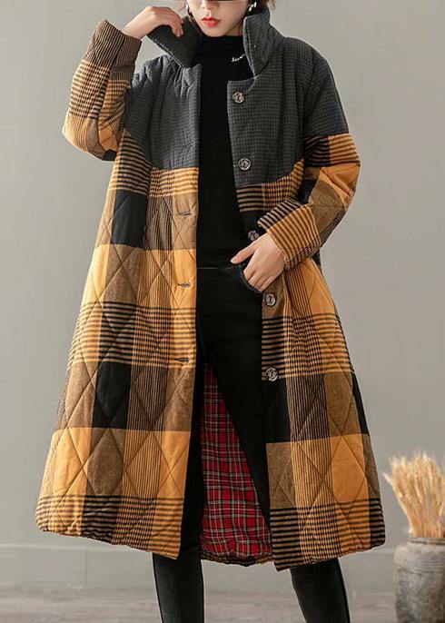 Casual Plus Size Winter Overcoat Yellow Plaid Stand Collar Button Down coats - bagstylebliss