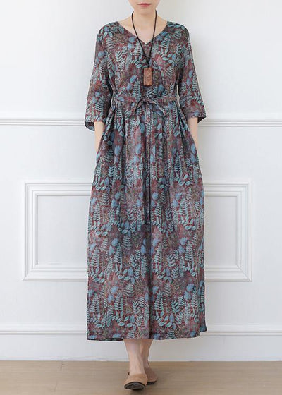 Casual Print Linen Dress V Neck Half Sleeve Spring Dress - bagstylebliss