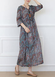 Casual Print Linen Dress V Neck Half Sleeve Spring Dress - bagstylebliss
