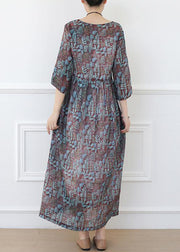 Casual Print Linen Dress V Neck Half Sleeve Spring Dress - bagstylebliss