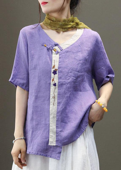 Casual Purple Embroideried Asymmetrical Design Patchwork Summer Linen Blouse Top Short Sleeve - bagstylebliss