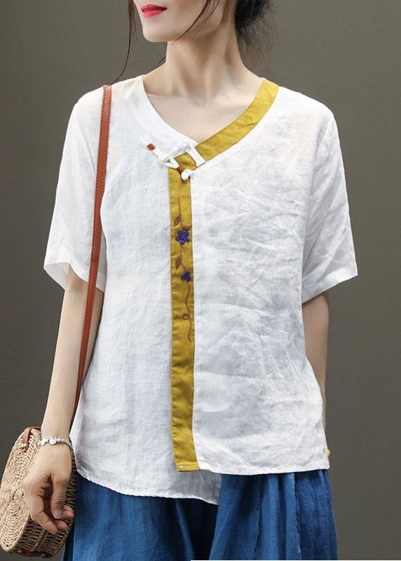 Casual Purple Embroideried Asymmetrical Design Patchwork Summer Linen Blouse Top Short Sleeve - bagstylebliss