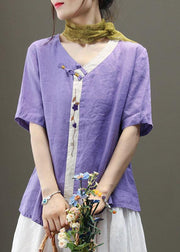 Casual Purple Embroideried Asymmetrical Design Patchwork Summer Linen Blouse Top Short Sleeve - bagstylebliss