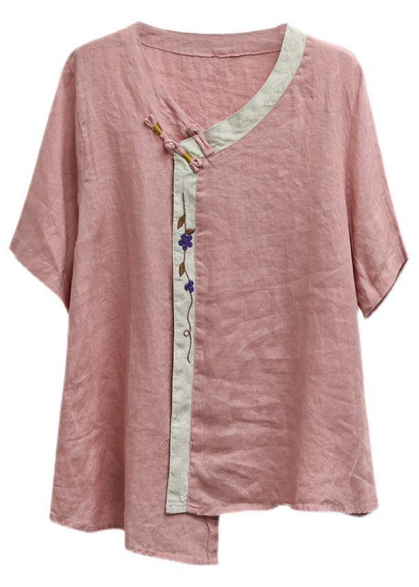 Casual Purple Embroideried Asymmetrical Design Patchwork Summer Linen Blouse Top Short Sleeve - bagstylebliss