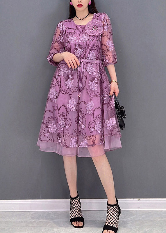 Casual Purple O-Neck Print Tie Waist Tulle Patchwork Chiffon Dresses Three Quarter sleeve