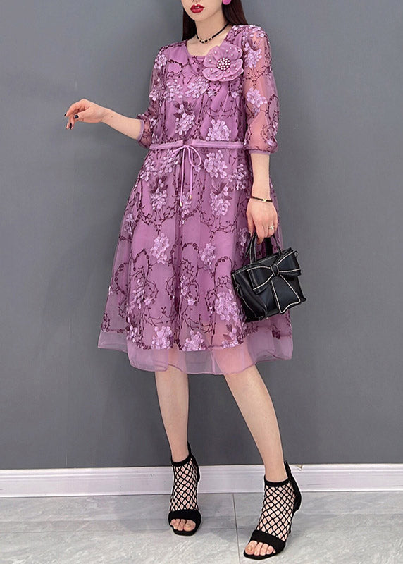 Casual Purple O-Neck Print Tie Waist Tulle Patchwork Chiffon Dresses Three Quarter sleeve