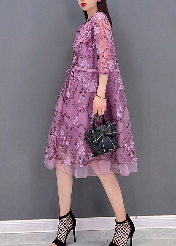 Casual Purple O-Neck Print Tie Waist Tulle Patchwork Chiffon Dresses Three Quarter sleeve