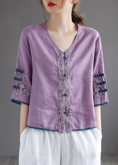 Casual Purple Retro O-Neck Oriental Summer Blouses Half Sleeve - bagstylebliss