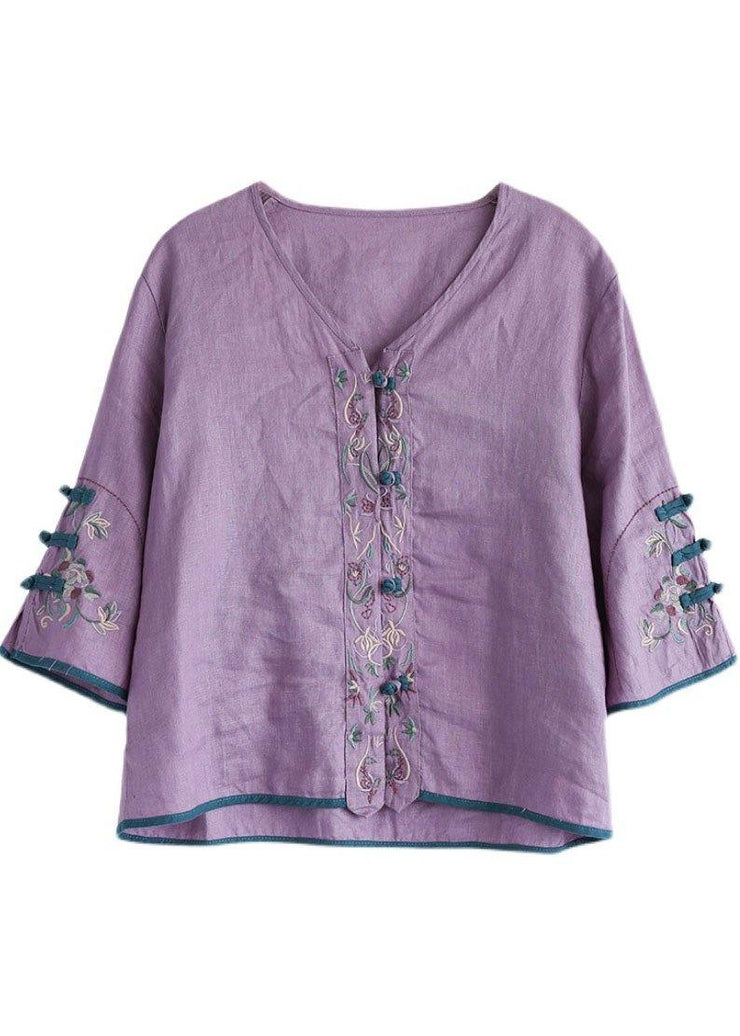 Casual Purple Retro O-Neck Oriental Summer Blouses Half Sleeve - bagstylebliss