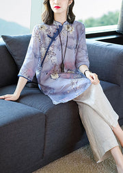 Casual Purple Stand Collar Print Linen Long Shirt Ang Pant Two Piece Set Summer